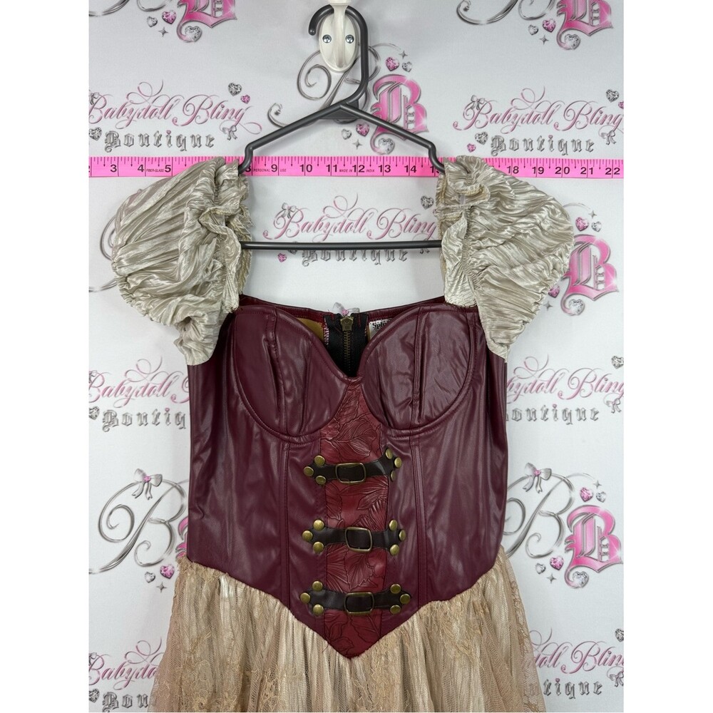 Spirit Halloween dress bustier Burgundy and Champagne Steampunk Corset Gown - Picture 5 of 12